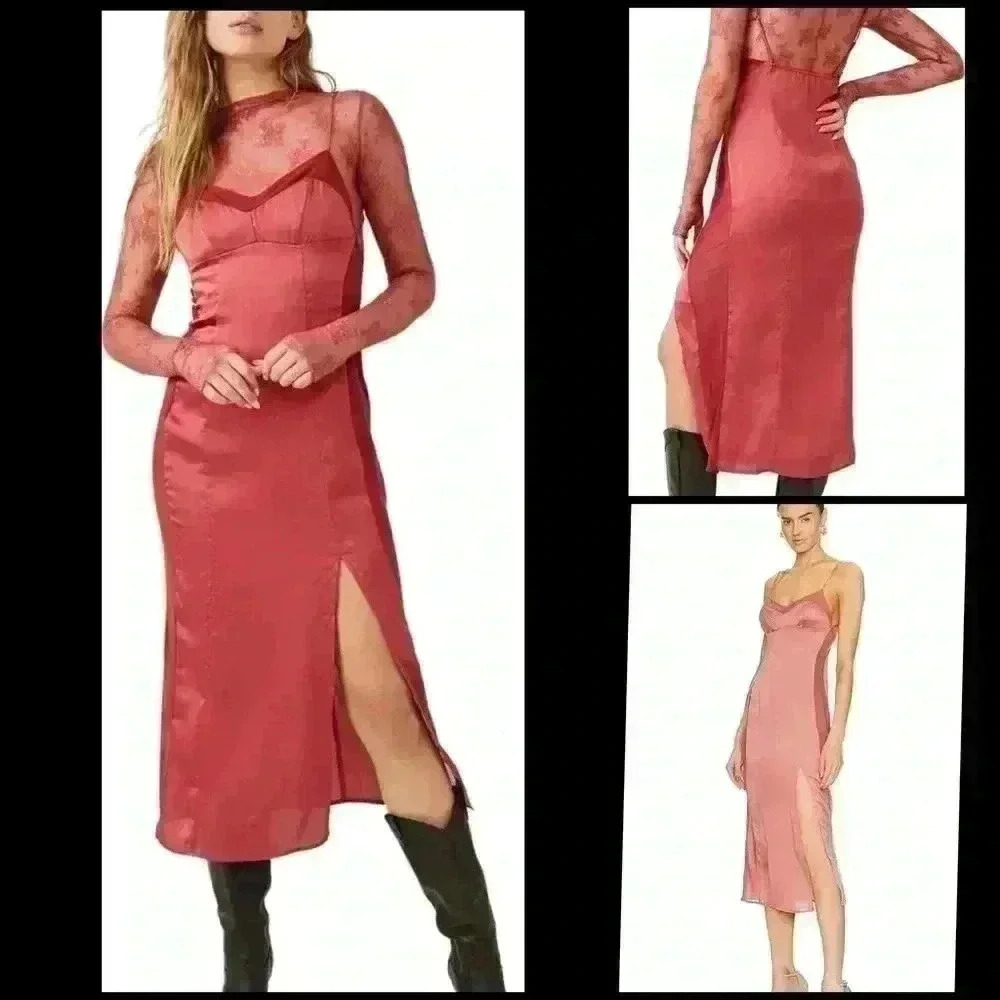 Free People Intimately City Cool Midi Slip Dress Side Mesh Venetian Red Size S